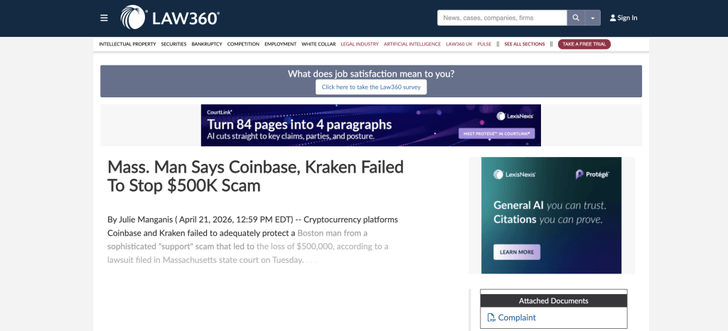 Law360 coverage of Coinbase and Kraken lawsuit filed by cryptocurrency attorney LEXBRIDGE LC over $500K impersonation scam