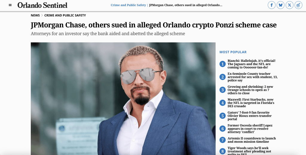 Orlando Sentinel coverage of class action lawsuits filed over $328 million Goliath Ventures cryptocurrency Ponzi scheme